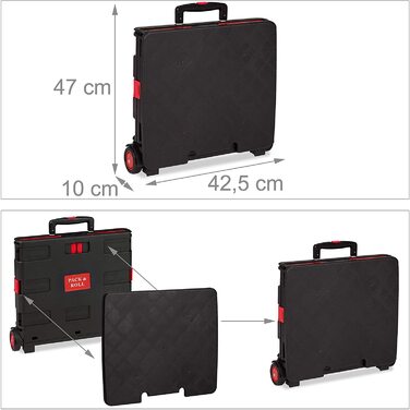 Relaxdays Einkaufstrolley klappbar, bis 35 kg, 50 l Kiste, mit Teleskopgriff, 2 Rollen, Transport Trolley, rot/schwarz