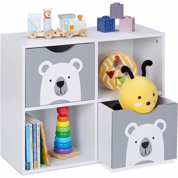 Relaxdays Kinderregal Bär, 2 Schubladen, 2 offene Fächer, H x B x T: 48 x 60 x 24,5 cm, Bücherregal Kinder, weiß/grau 48 x 60 x 24,5 cm Weiß/Grau