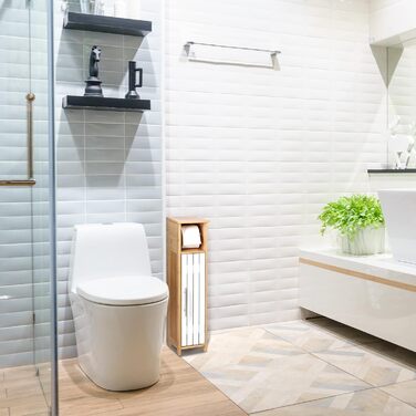 Relaxdays Toilettenpapierhalter stehend, Badezimmeregal HBT: 71x18x20 cm, MDF & Bambus, WC Papier Schrank, braun/weiß