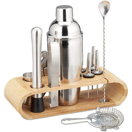 Relaxdays 11-tlg. Profi Cocktail Set: Ständer, Shaker, Barmaß, Ausgießer, Eiszange, Edelstahl, silber/natur