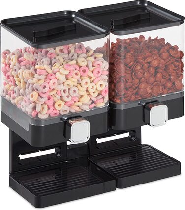 Relaxdays Müslispender doppelt, Cerealienspender für Müsli, Cornflakes, Süßigkeiten, Snackspender Kunststoff, schwarz