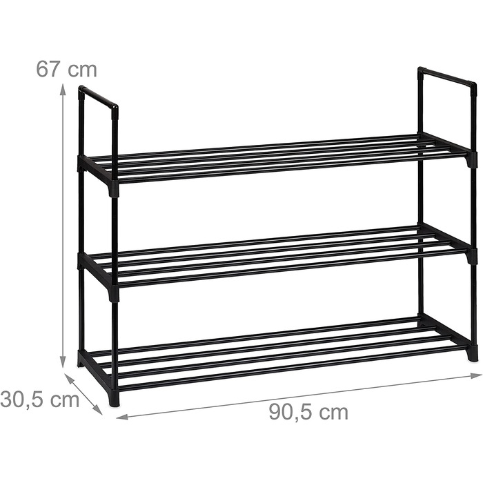 Relaxdays Schuhregal Stecksystem, 3 Ebenen, für 12 Paar Schuhe, HBT: 67 x 90,5 x 30,5 cm, Schuhständer Metall, schwarz 100361