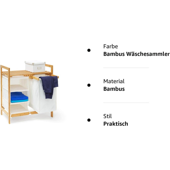 Relaxdays Wäschesammler Linea Bambus HxBxT: ca. 77 x 69,5 x 36 cm Wäschepuff mit 40 Litern Volumen 2 Ablagen und 3 Fächern als Wäschebehälter mit Wäschesack aus weißem Stoff und 2 Griffen, natur Single