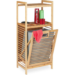 Relaxdays Badregal mit Wäschekorb, 2 Ablagen, kippbarer Sammler, Bambus & Stoff, 95x40x30 cm, Natur/grau