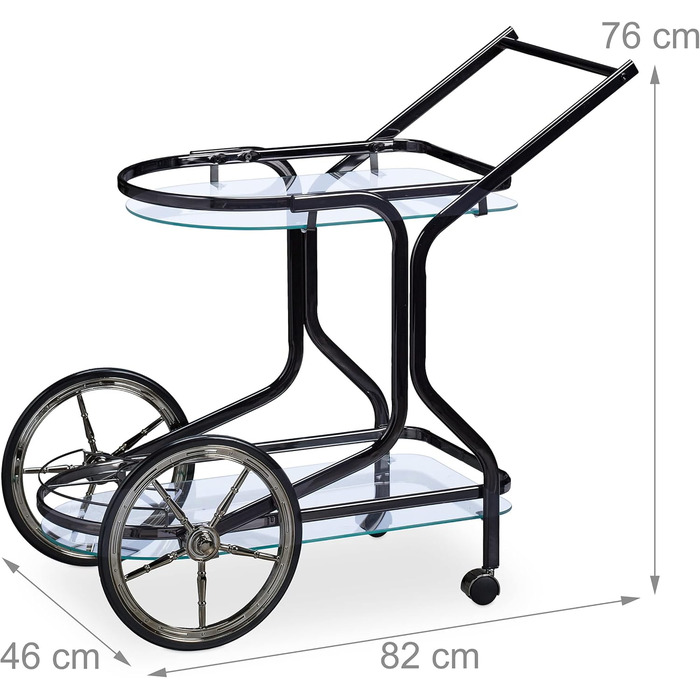 Relaxdays Servierwagen, 2 Ablagen, 76x46x82 cm, Glas & Eisen, Beistellwagen auf Rollen, schwarz