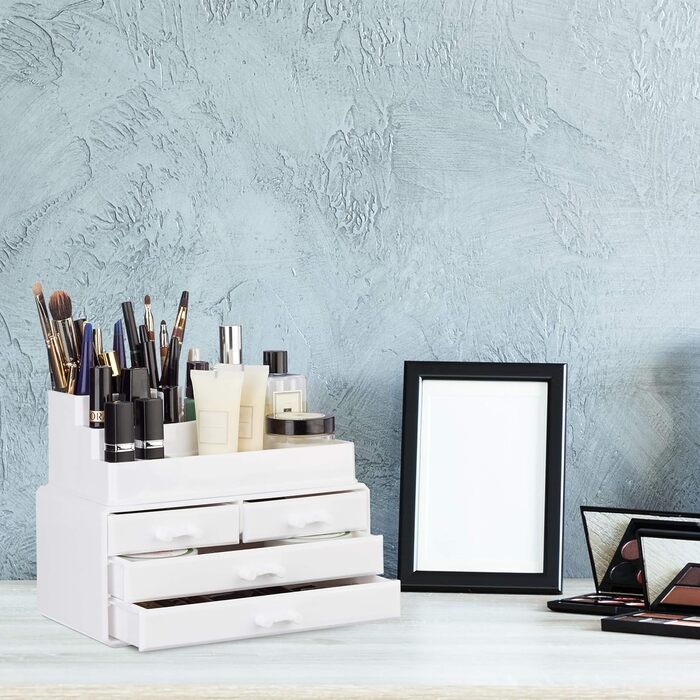 Relaxdays 1 x Make Up Organizer mit 4 Schubladen, Kosmetik Halter Nagellack u. Lippenstift, Acryl Make Up Kit, (Weiß)