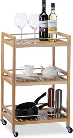 Relaxdays Servierwagen Bambus, 3 Ablagen, 360° Rollen, Edelstahl-Stangen, HBT: 76,5x46x38 cm