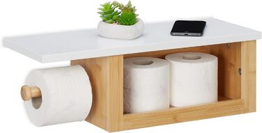 Relaxdays Toilettenpapierhalter mit Ablage, Klopapierhalter Bambus, offenes Fach, HBT: 17x50x18 cm, Wand, Natur/weiß