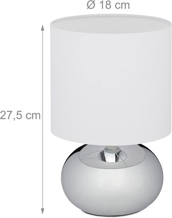Relaxdays Tischlampe, runde Nachttischlampe mit Touch, HxD: 27,5 x 18 cm, E14, Tischleuchte mit Stoffschirm, silber/weiß