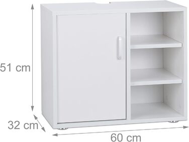Relaxdays Waschbeckenunterschrank, eintürig, 3 Ablagen, 51x60x32 cm, weiß, MDF