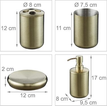 Relaxdays Badezimmer Set, 4-teilig, Seifenspender, Seifenschale, Zahnputzbecher, Zahnbürstenhalter, Edelstahl, Gold 10038874