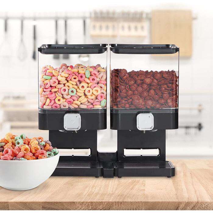 Relaxdays Müslispender doppelt, Cerealienspender für Müsli, Cornflakes, Süßigkeiten, Snackspender Kunststoff, schwarz