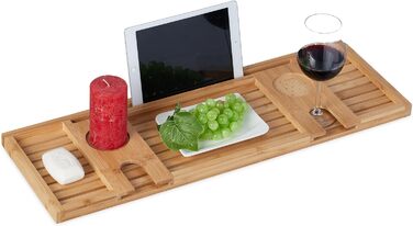 Relaxdays Badewannenablage Bambus, 73,5 cm breit, Badewannenbrett mit Glas- & Tablethalter, Badewannentablett, Natur