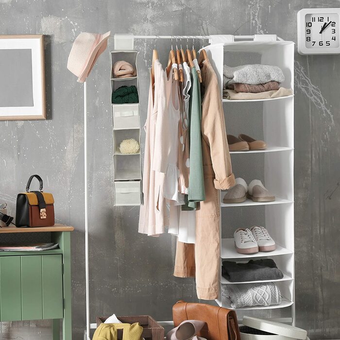 Relaxdays, Beige Hängeregal Stoff, Hängeaufbewahrung, 6 Fächer, 2 Schübe, für Kleiderschrank, HBT: ca. 82x14,5x30 cm, 30 x 14