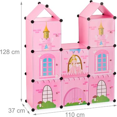 Relaxdays Steckregal Kinderzimmer, Prinzessinnenschloss, Kunststoff, DIY Schrank mit Türen, HBT: 128 x 110 x 37 cm, rosa Single