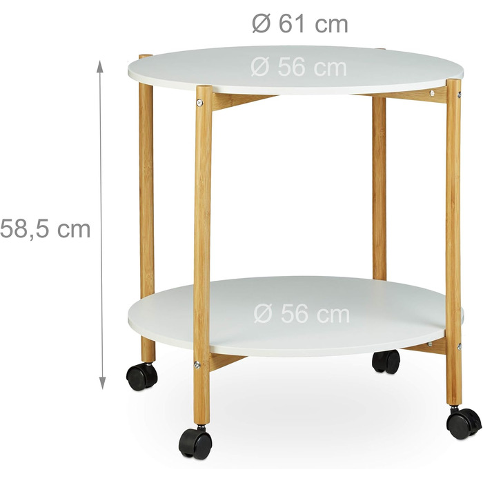 Relaxdays Beistelltisch mit Rollen, runder Kaffeetisch, 2 Ebenen, fahrbar, weiß, 61x61x58.5 cm