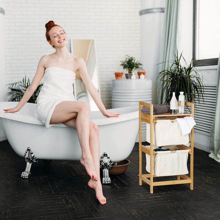 Relaxdays Wäschekorb Bambus, Wäschesortierer mit Ablage, 2 Schubladen, ausziehbar & tragbar, Wäschesammler 25 L, Natur, 1 Stück
