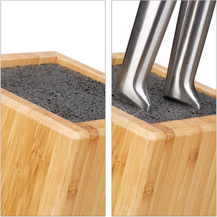 Relaxdays Bambus Messerblock mit Borsteneinsatz, Küchenblock für 6 Messer aller Art, unbestückter Holzblock, natur