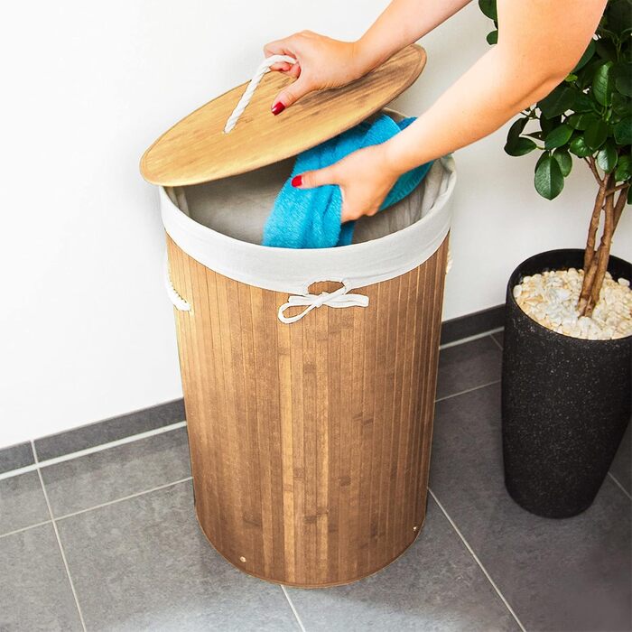 Relaxdays Wäschekorb Bambus, faltbar, Deckel, 70 l, Baumwoll-Wäschesack, rund Ø 41 cm, natur