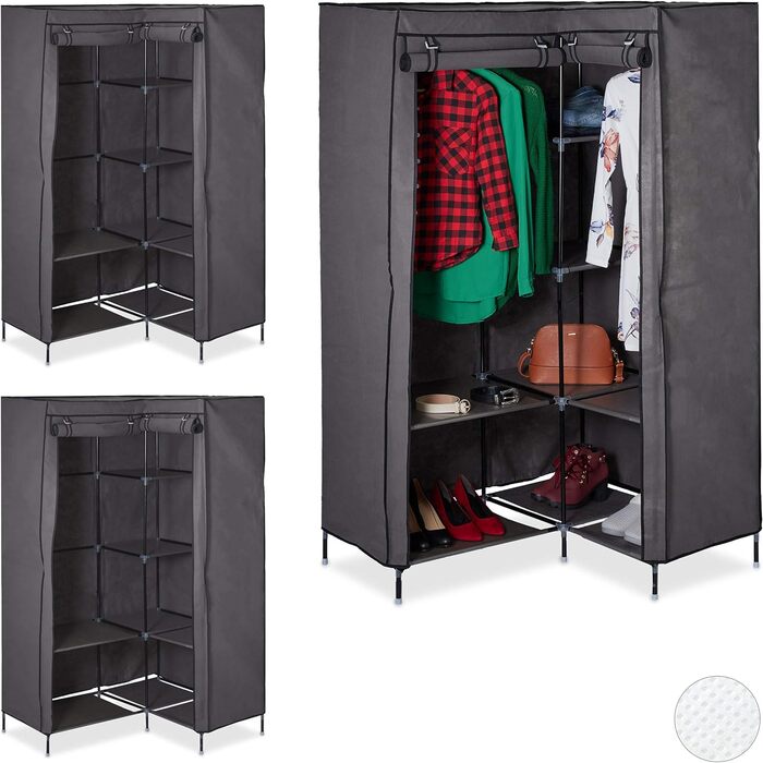 Relaxdays  x Eckkleiderschrank 3. Generation, 8 Ablagen und 2 Kleiderstangen, Stecksystem, mit 2 Türen, HBT: 69x00x83 cm,     Stück (1, Anthrazit, 3er Pack)
