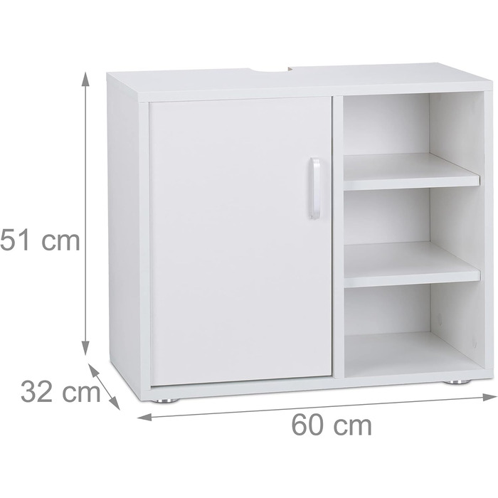 Relaxdays Waschbeckenunterschrank, eintürig, 3 Ablagen, 51x60x32 cm, weiß, MDF