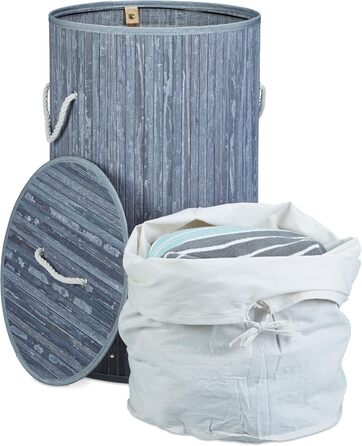 3x faltbare Wäschetonne Bambus, 70L, Baumwoll-Wäschesack, rund Ø 41 cm, grau/weiß, mit Deckel