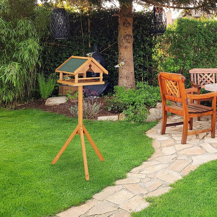 Relaxdays Vogelfutterhaus mit Ständer, groß, wetterfestes Dach, Garten, Holz Vogelhaus HBT 120 x 62 x 55 cm, Natur/grün