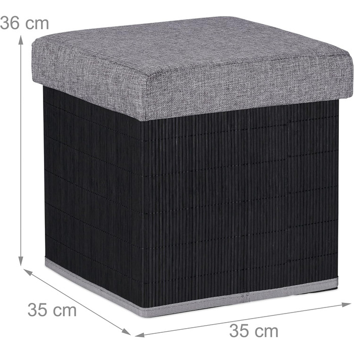Relaxdays faltbarer Sitzhocker mit Stauraum, gepolstert, Bambus, 36x35x35 cm, Schwarz/Grau
