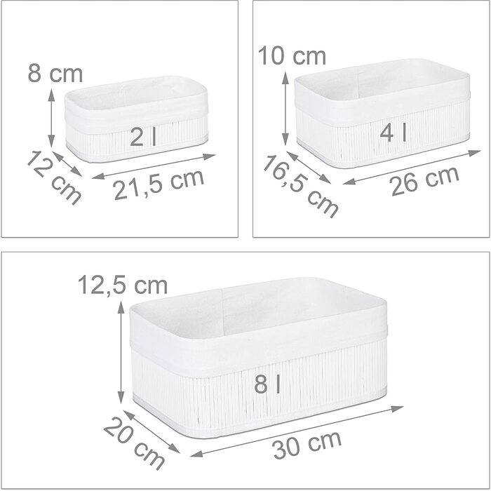 Relaxdays Aufbewahrungskorb 3er Set, Stoffbezug, Bambus, rechteckig, Bad, Accessoires, Spielzeug, Allzweckkorb, (Weiß)