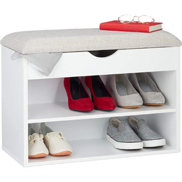 Relaxdays Schuhbank, gepolsterte Garderobenbank, 3 Fächer, aufklappbar, Schuhregal mit Sitzfläche, 45 x 62 x 30 cm, weiß, Holz, 1 Stück