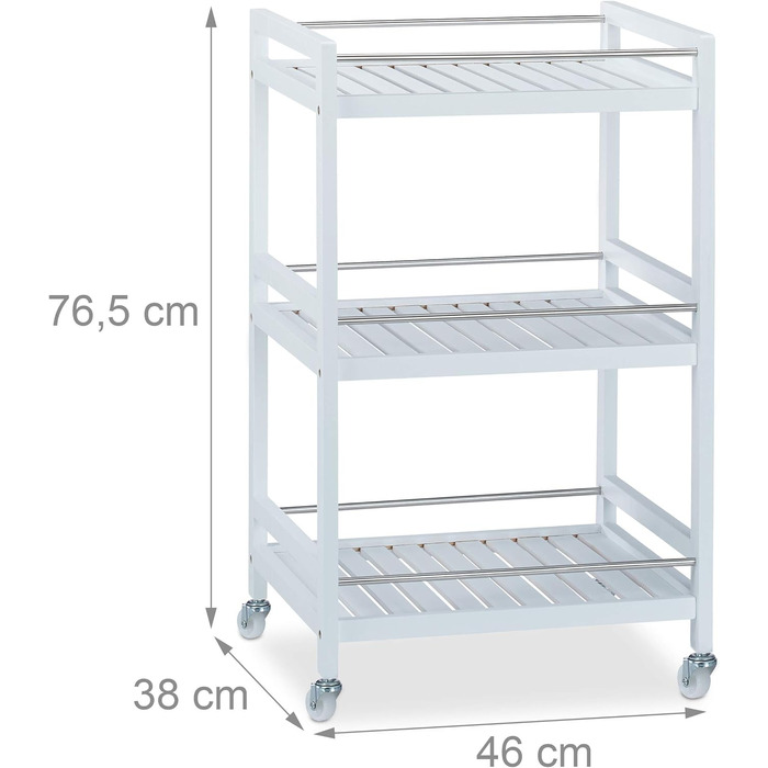 Relaxdays Servierwagen Bambus, 3 Ablagen, 360° Rollen, Edelstahl-Stangen, HBT: 76,5x46x38 cm, weiß