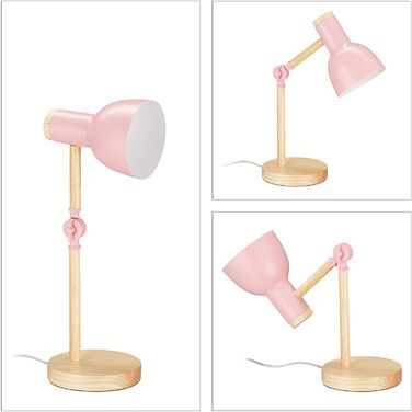 Relaxdays Retro Schreibtischlampe, verstellbar, Holz & Metall, E14, HxD 45,5x14,5 cm, Rosa