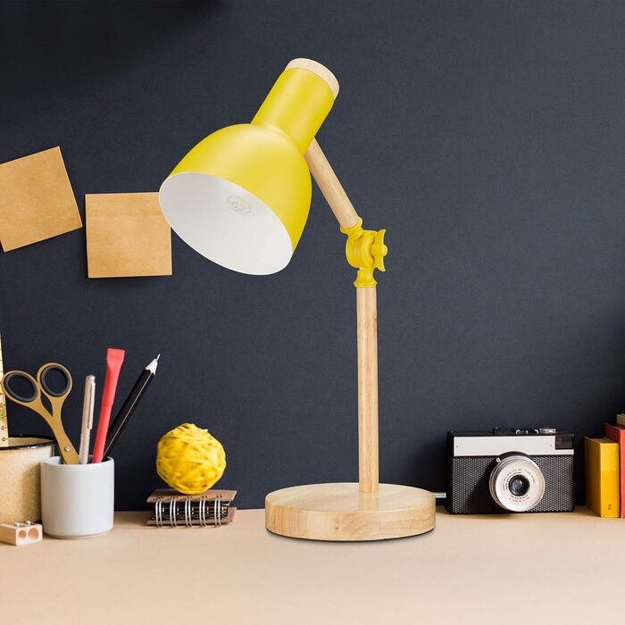 Relaxdays Retro Schreibtischlampe, verstellbar, Holz & Metall, E14, 45,5x14,5 cm, Gelb