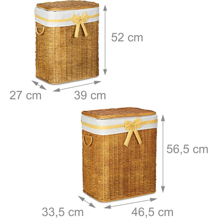 Relaxdays 2er Set geflochtene Buri Wäschetruhe, stapelbar, mit herausnehmbarem Wäschesack, 67 L, Honigbraun