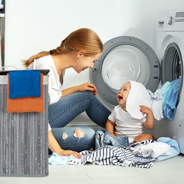 Relaxdays Wäschekorb Bambus, rechteckig, 2 Fächer, 95 l, faltbar, mit Deckel, (Grau)