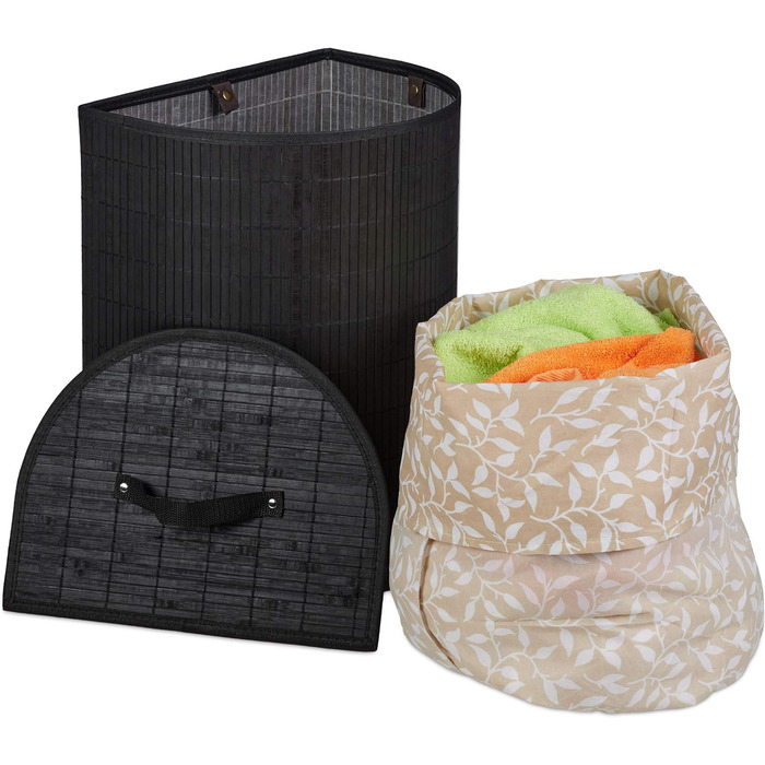 Relaxdays Wäschekorb Bambus, 30 l, faltbar, halbrund, mit Deckel, für Bad & Schlafzimmer, Schwarz