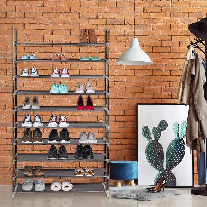 Relaxdays XXL Schuhregal Stecksystem, 10 Ebenen, für 50 Paar Schuhe, Stoff Schuhständer HBT 176,5x99x29,5 cm, braun