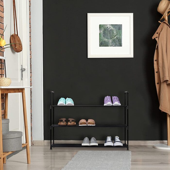 Relaxdays Schuhregal Stecksystem, 3 Ebenen, für 12 Paar Schuhe, HBT: 67 x 90,5 x 30,5 cm, Schuhständer Metall, schwarz 100361