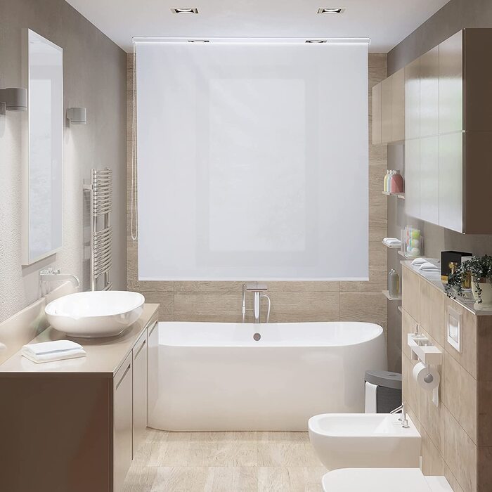 Relaxdays Duschrollo,  Seilzugrollo für Dusche & Badewanne, Decke & Fenster, Badrollo wasserabweisend, weiß, PVC, Aluminium, Kunststoff (160x240 cm)
