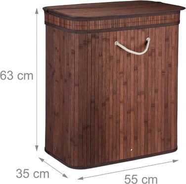 1x Wäschekorb Bambus, rechteckig, 2 Fächer, Klappdeckel, faltbar, 95 l, braun