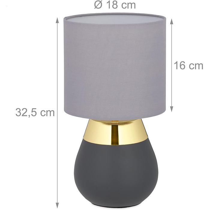 Relaxdays Nachttischlampe Touch dimmbar, moderne Touch Lampe, 3 Stufen, E14, Tischlampe, HxD: 32,5 x 18 cm, grau- (Gold)