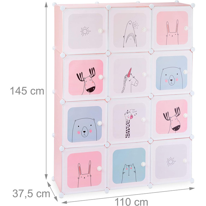 Relaxdays Steckregal Kinderzimmer, Mädchen, lustige Motive, DIY Schrank mit Türen, 145x110x37,5 cm, rosa