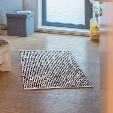 Relaxdays Teppich Läufer Flur  Handmade, Designer Baumwollteppich modern, Kurzflor Flurteppich, (70 cm x 140 cm, Schwarz-weiß)