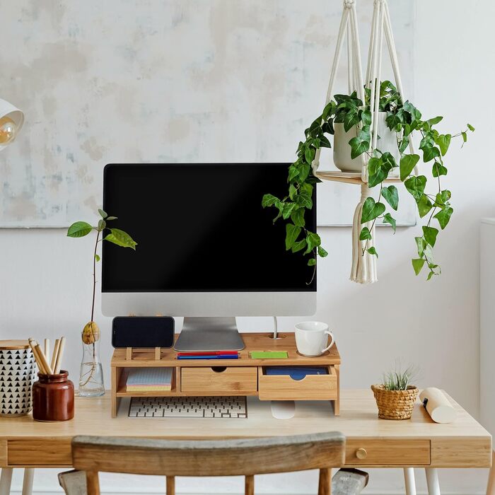 Relaxdays Monitorständer aus Bambus, mit Ablagefach & 2 Schubladen, 13x54x23cm, Natur