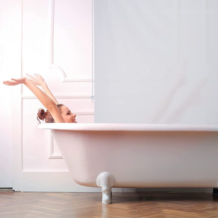 Relaxdays Duschrollo,  Seilzugrollo für Dusche & Badewanne, Decke & Fenster, Badrollo wasserabweisend, weiß, PVC, Aluminium, Kunststoff (140x240 cm)