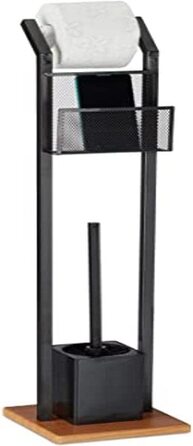 Relaxdays, schwarz Garnitur mit Ablage, Papierhalter, WC-Bürste, Bürstenhalter, quadratischer Fuß, Holzoptik, H 78 cm