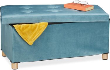 Relaxdays Sitzbank mit Stauraum, Samt, Holzfüße, bis 120 kg, faltbar, 34x76x38 cm, Türkis