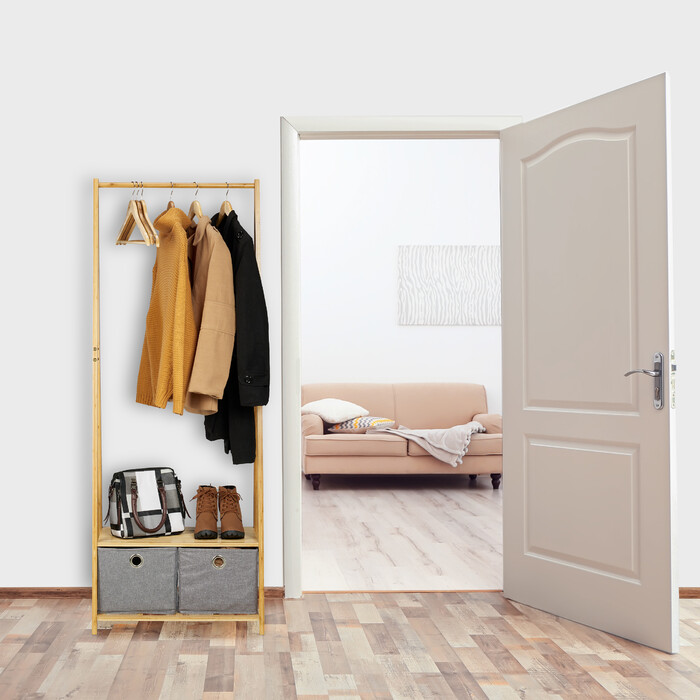 Relaxdays Bambus Kleiderständer mit Stoffboxen