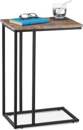 Relaxdays Beistelltisch, Industrial Design, C-Form, Ablagetisch, Metall & Holzoptik, HBT 66x46x30 cm, grau-braun/schwarz