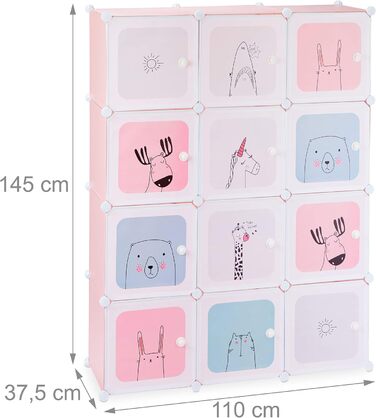 Relaxdays Steckregal Kinderzimmer, Mädchen, lustige Motive, DIY Schrank mit Türen, 145x110x37,5 cm, rosa